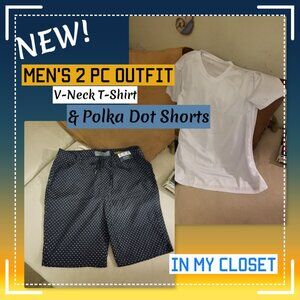 NEW!  Mens White V-neck and Navy Shorts Sz XL